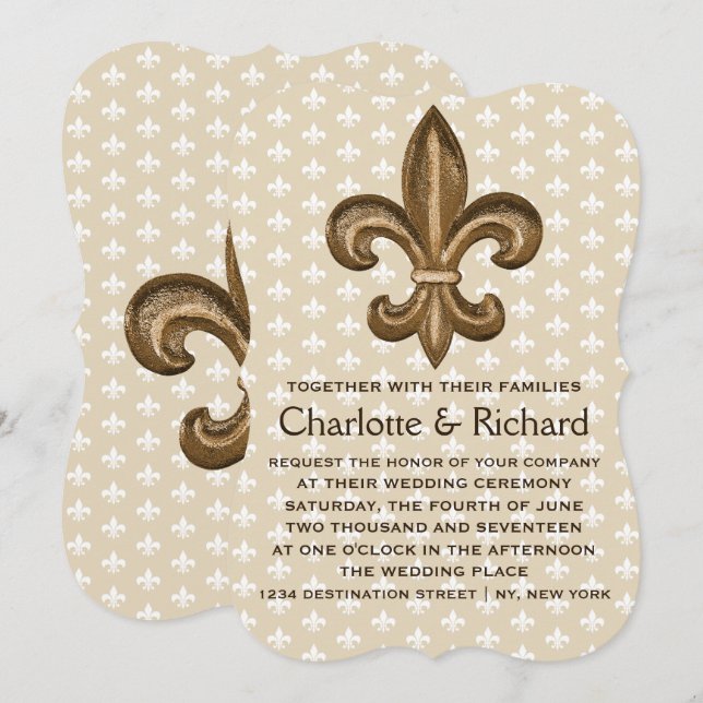 Convite Casamento de Nola Dourada e Branca Fleur De Lis (Frente/Verso)