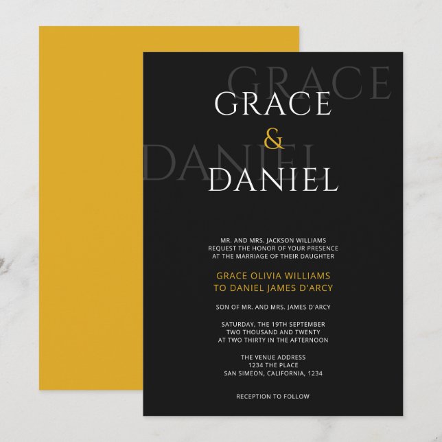 Convite Casamento de Nome da Sombra Moderna Amarela e Negr (Frente/Verso)