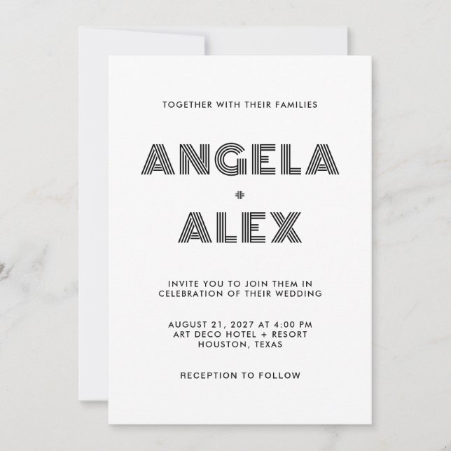 Convite Casamento de Nomes Retroativos Geométricos Pretos (Frente)
