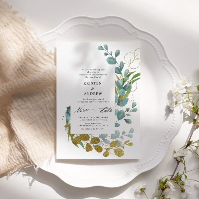 Convite Casamento de Nova Data do Dourado Eucalyptus Green (Criador carregado)