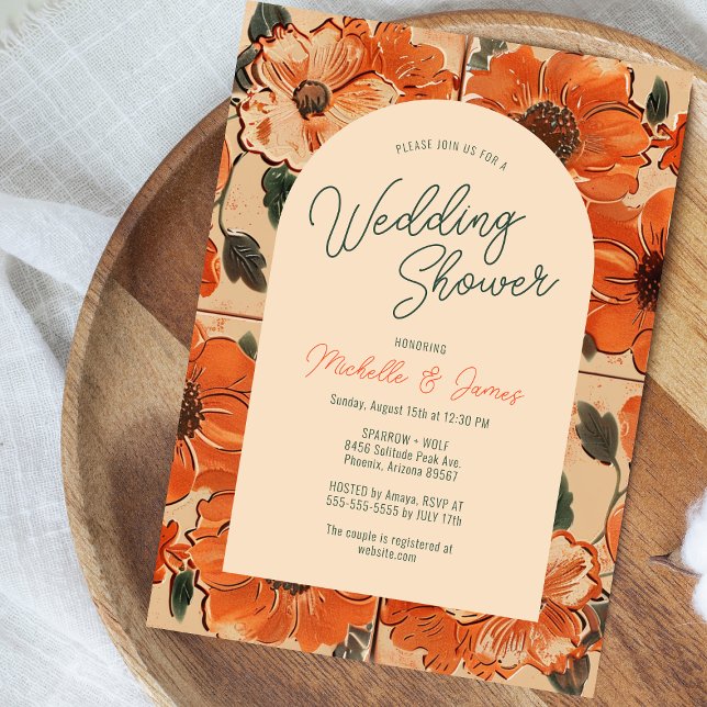 Convite Casamento de Oasis Terracotta no Deserto Elegante (A wedding shower invite with orange poppies, honoring Michelle & James, )