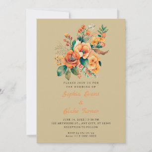 Convite Casamento De Oliva De Buquê Floral Laranja E Verde