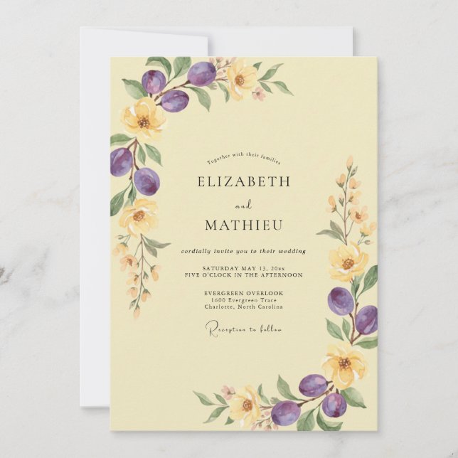 Convite Casamento de Oliva de Eucalipto Amarelo Pálido de  (Frente)