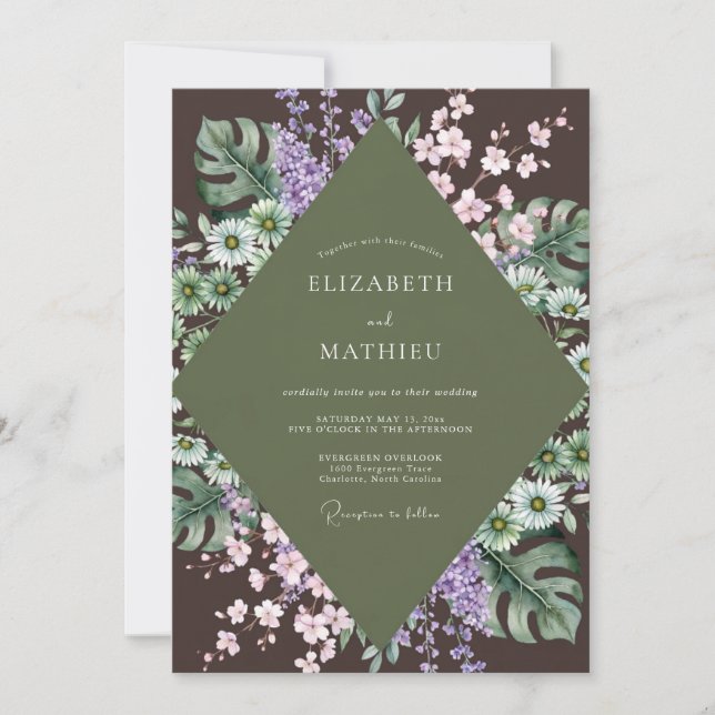 Convite Casamento de Oliva Roxo Monstera Eucalipto (Frente)