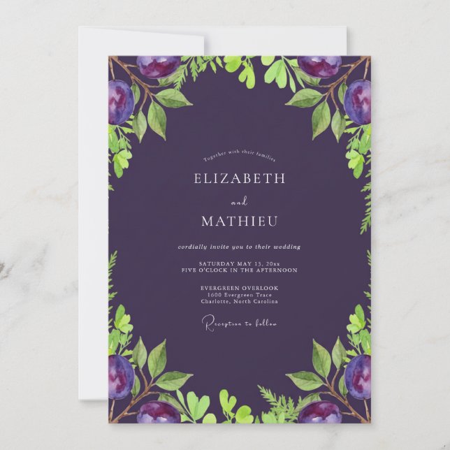 Convite Casamento de Oliva Suave Eucalipto Roxo Profundo (Frente)