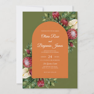 Convite Casamento de Oliva Terracota Protea Eucalipto