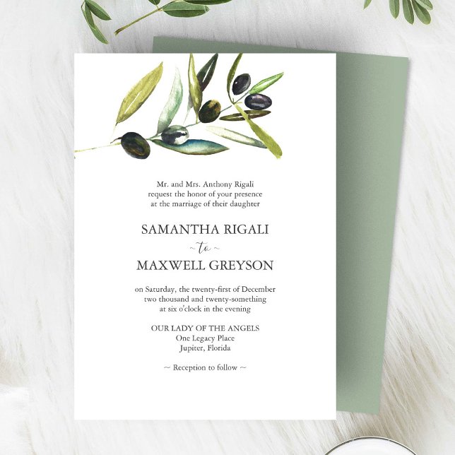 Convite Casamento de Oliva Verde de Sala Elegante (watercolor wedding invitations olive branch art by Victoria Grigaliunas of Do Tell A Belle)