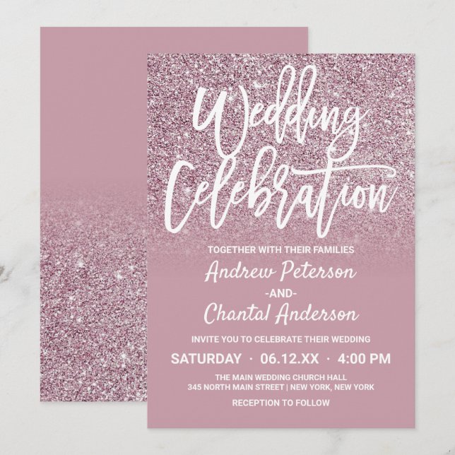 Convite Casamento de Ombre Cor-de-rosa-claro-Dourado (Frente/Verso)
