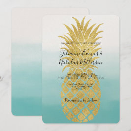Convite Casamento de Ombre de Aqua Watercolor Glam Dourado