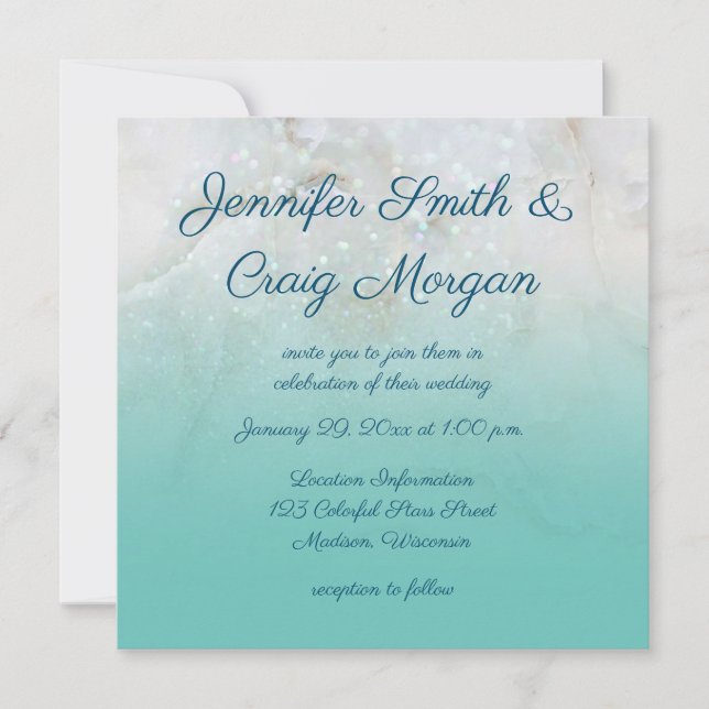 Convite Casamento de Ombre de Teal Sparkly Marble (Frente)