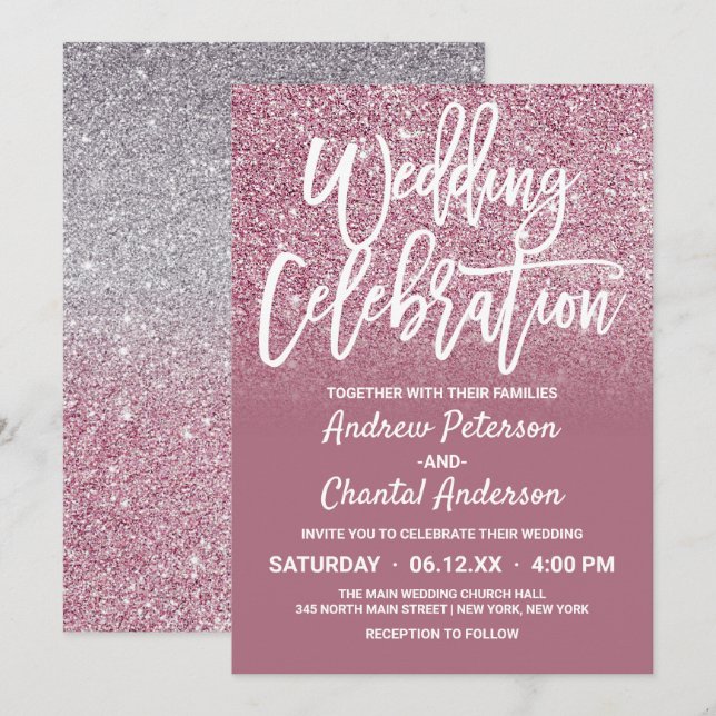 Convite Casamento de Ombre Glitter Glitter Faux Silver Ros (Frente/Verso)