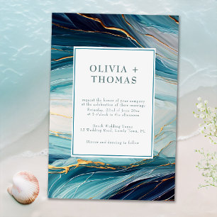 Convite Casamento de Ondas Douradas do Oceano Teal de Blis
