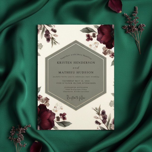 Convite Casamento de Opulência Botânica Borgonha (Criador carregado)