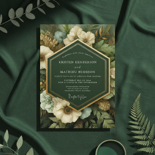 Convite Casamento de Opulência Botânica Verde Profundo
