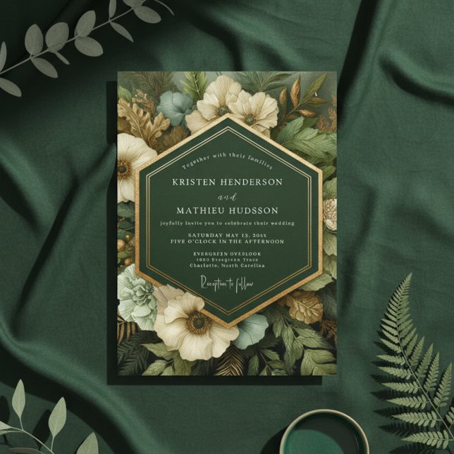 Convite Casamento de Opulência Botânica Verde Profundo (Criador carregado)