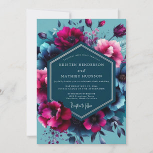Convite Casamento de Opulência Floral Azul-Esverdeado Inte