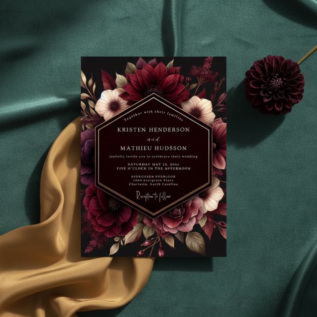 Convite Casamento de Opulência Floral Borgonha (Criador carregado)