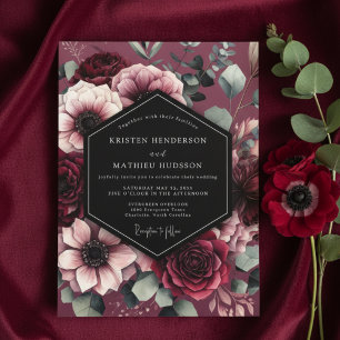 Convite Casamento de Opulência Floral Burgundy Moody