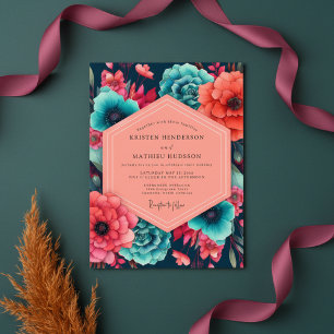 Convite Casamento de Opulência Floral de Coral Turquesa