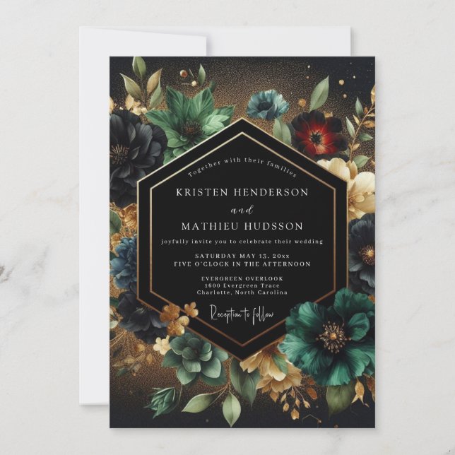 Convite Casamento de Opulência Floral em Azul Teal Profund (Frente)