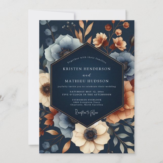 Convite Casamento de Opulência Floral Outonal Naval (Frente)