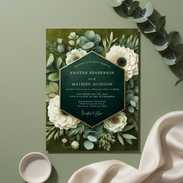 Convite Casamento de Opulência Floral Verde Profundo (Criador carregado)