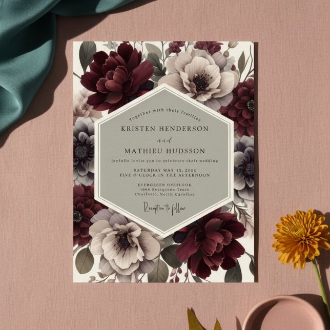 Convite Casamento de Opulência Romântica com Floral Borgon (Criador carregado)