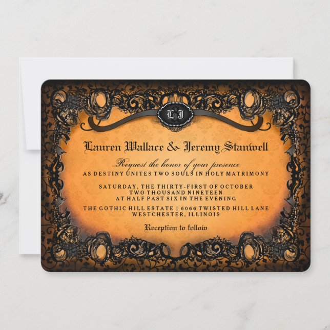 Convite Casamento de Orange Black Halloween com INFO RECEP (Frente)