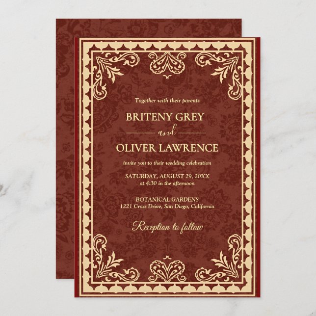 Convite Casamento de Ornamentado de Borgonha Elegante e Fo (Frente/Verso)