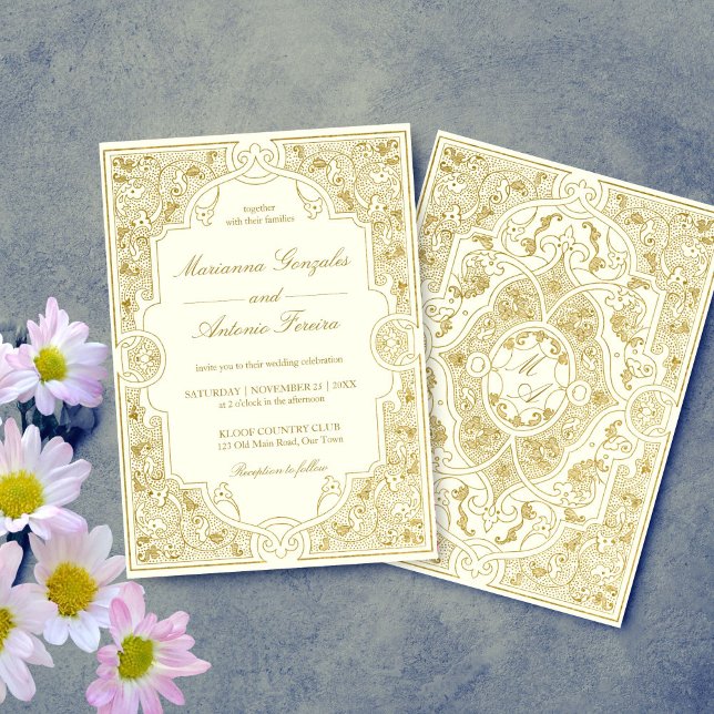 Convite Casamento de ornamentado de marfim de marfim de ou (Elegant gold ivory vintage ornate frame wedding invitation template digital download antique chic)