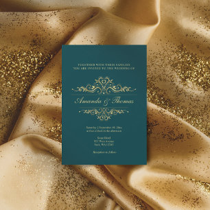 Convite Casamento de ornamento de ouro elegante verde Petr