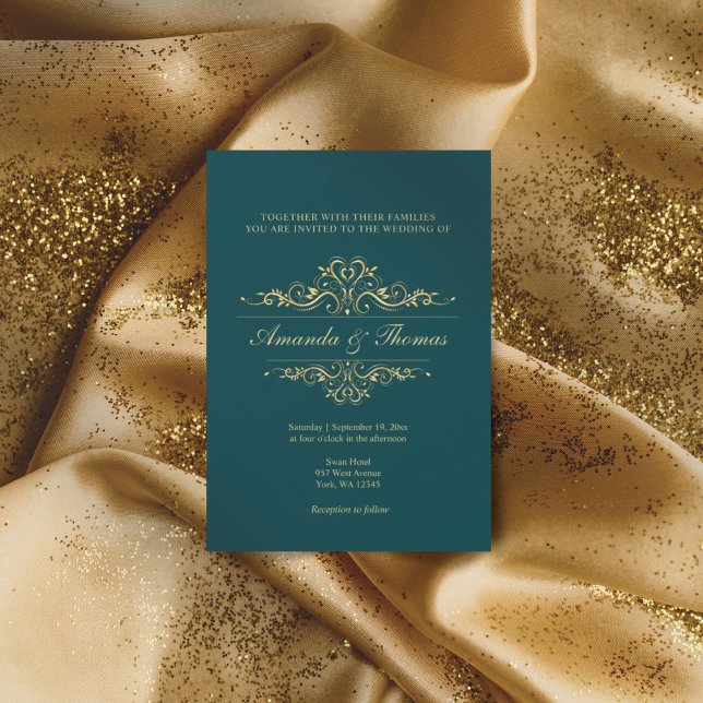 Convite Casamento de ornamento de ouro elegante verde Petr (Criador carregado)