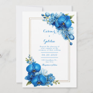 Convite Casamento de Orquídea Botânica Dourada Azul Real