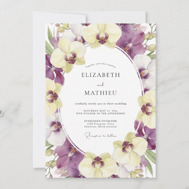 Convite Casamento de Orquídea Creme Roxo (Frente)