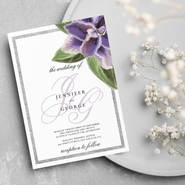 Convite Casamento de orquídea de lavanda roxa com brilho d (Silver glitter purple lavender orchid wedding)