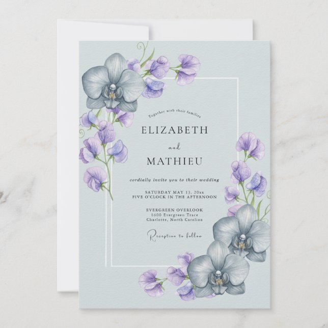 Convite Casamento de Orquídea Elegante Azul Claro (Frente)