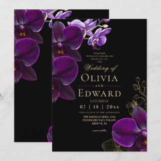 Convite Casamento de Orquídea em Flor Roxa Preta Temperame