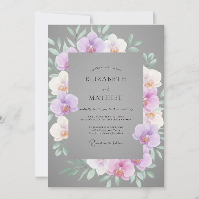 Convite Casamento de Orquídea Lavanda Cinza (Frente)
