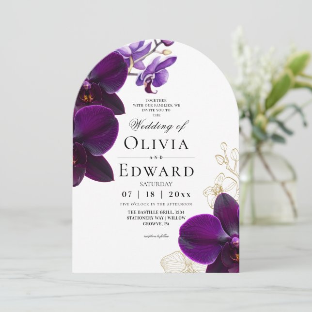 Convite Casamento de Orquídea Lilás Roxa  (Em pé/Frente)