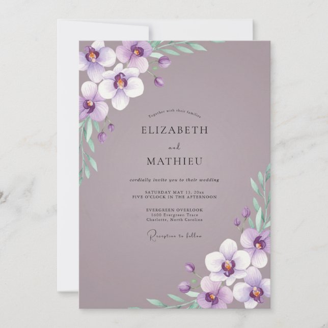 Convite Casamento de Orquídea Lilás Suave (Frente)