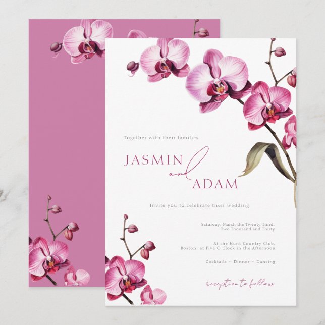 Convite Casamento de Orquídea Rosa Elegante (Frente/Verso)