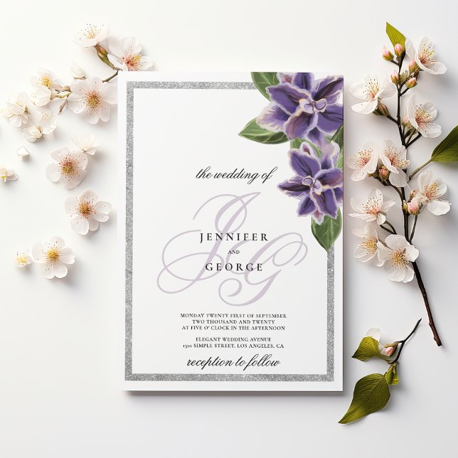 Convite Casamento de orquídea roxa lavanda brilho prateado (Chic silver glitter purple lavender orchid)