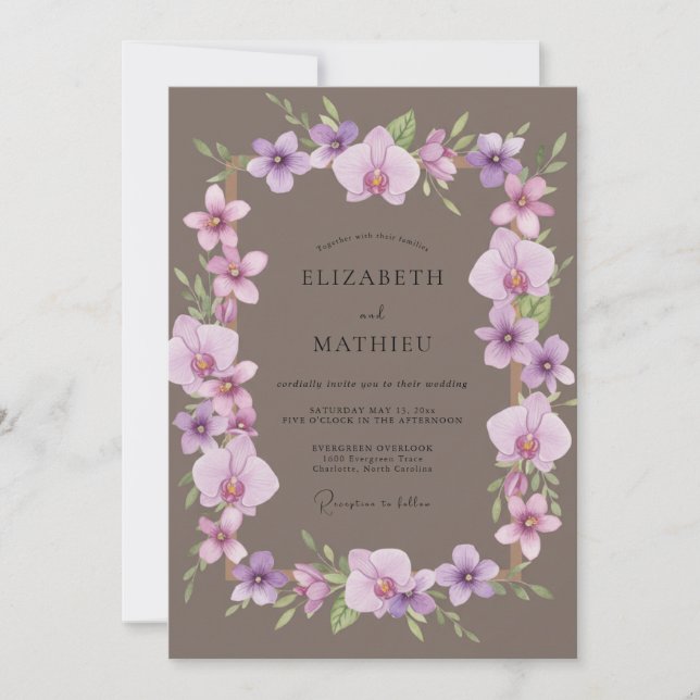 Convite Casamento de Orquídea Roxa Taupe (Frente)