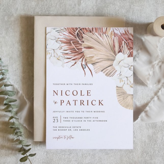 Convite Casamento de Orquídeas Boho e Folhas de Palmeira S (Boho Orchids and Dried Palm Leaves Wedding Invitation)