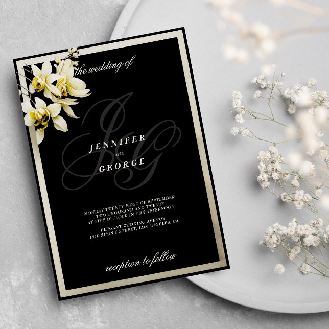 Convite Casamento de orquídeas com iniciais de monograma p (Black ivory monogram initials orchid wedding )