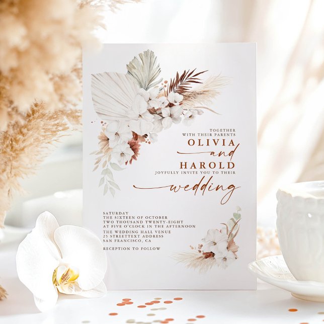 Convite Casamento de Orquídeas de Grama Terracotta Floral  (Boho Floral Wedding Invitations)