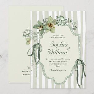 Convite Casamento de Orquídeas Verde Salvia Pintadas à Mão