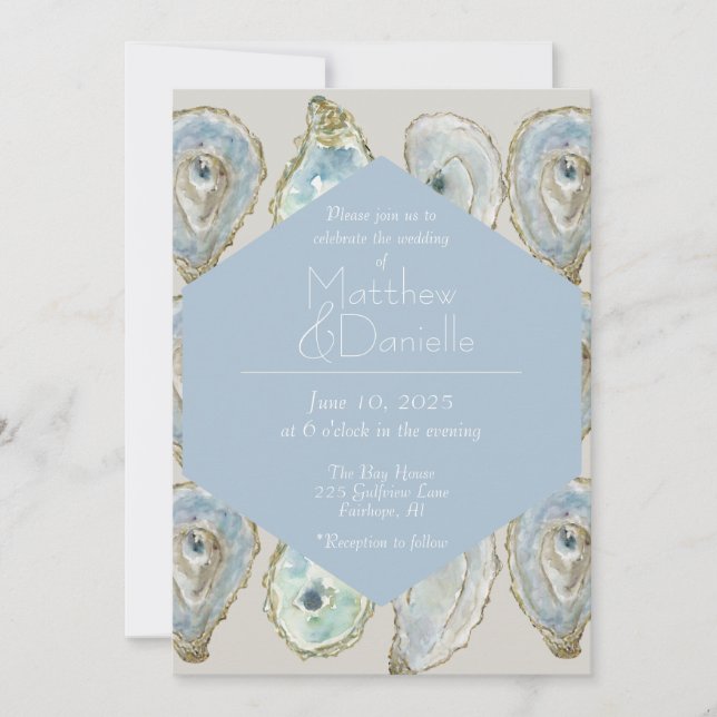 Convite Casamento de Ostras de Aquarela - Azul Claro (Frente)