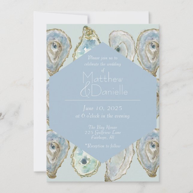 Convite Casamento de Ostras de Aquarela - Azul Claro (Frente)