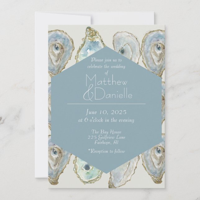 Convite Casamento de Ostras de Aquarela- Azul Derrante (Frente)